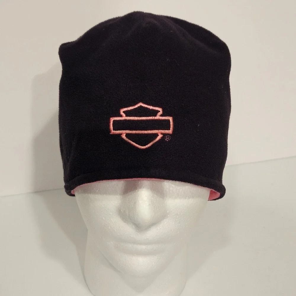 Harley-Davidson Reversible Fleece Beanie Pink Black Embroidered Logo Hat